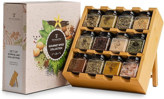 Wooden 3-Tier Spice Rack, 12 Filled Glass Jars, 12 Organic Spices Included, Brown