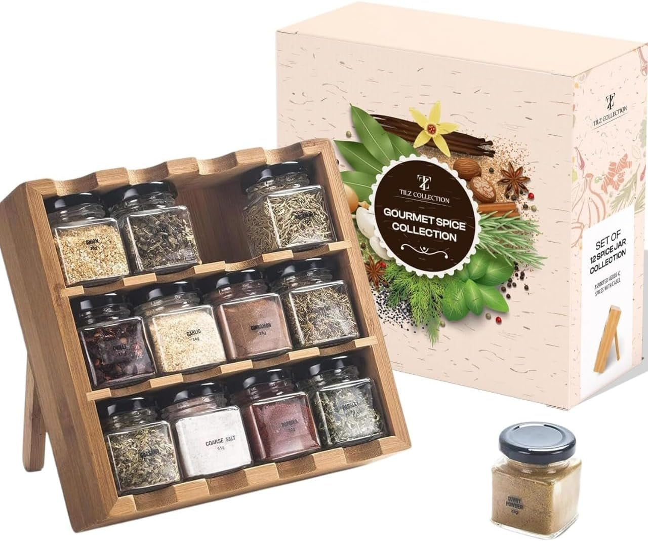 Wooden 3-Tier Spice Rack, 12 Filled Glass Jars, 12 Organic Spices Included, Brown