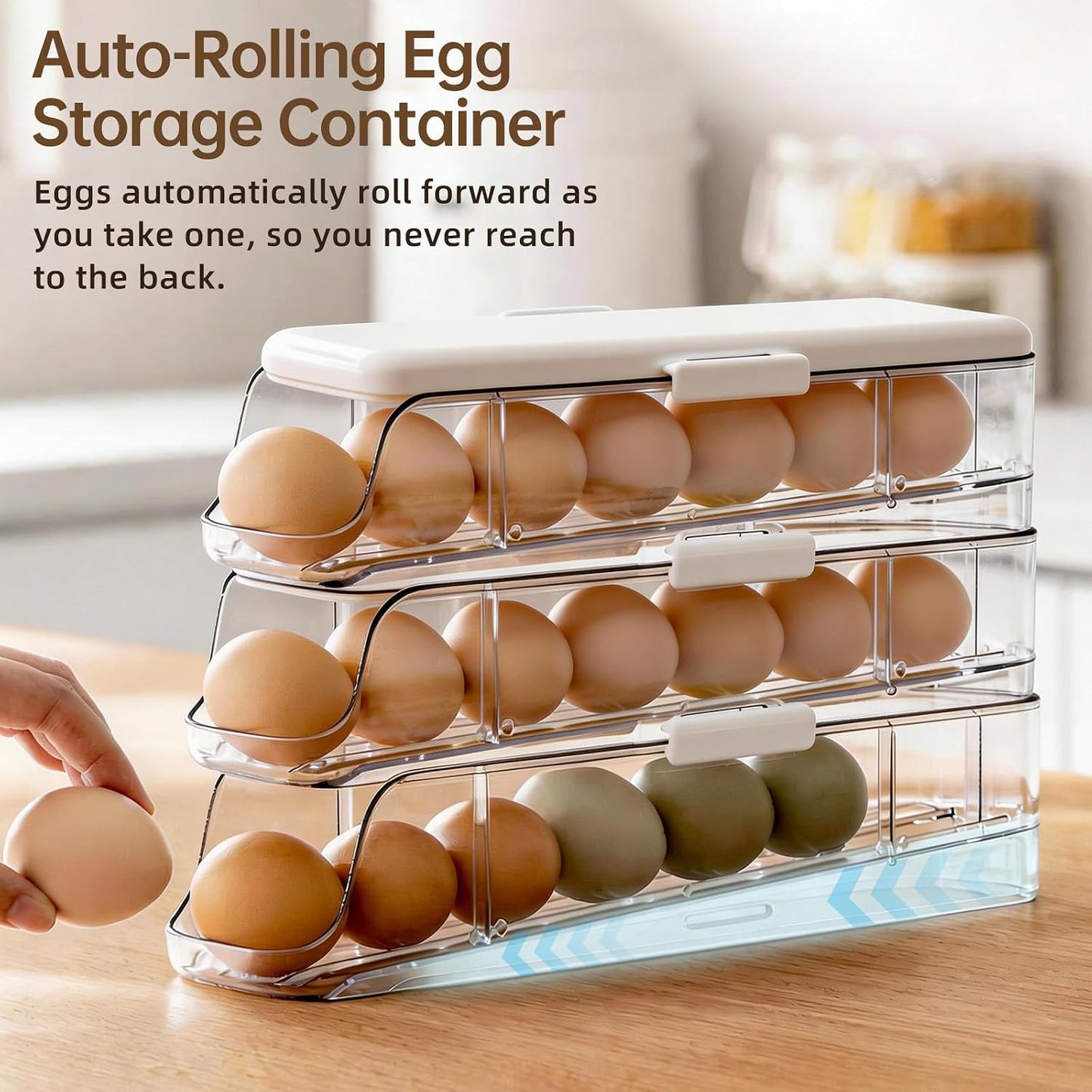 3-Tier Auto Rolling Egg Holder with Lid for Fridge, Stackable Clear Egg Dispenser, Large Capacity Refrigerator Storage Organizer