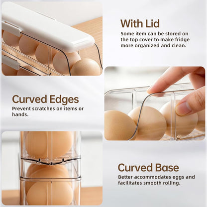 3-Tier Auto Rolling Egg Holder with Lid for Fridge, Stackable Clear Egg Dispenser, Large Capacity Refrigerator Storage Organizer