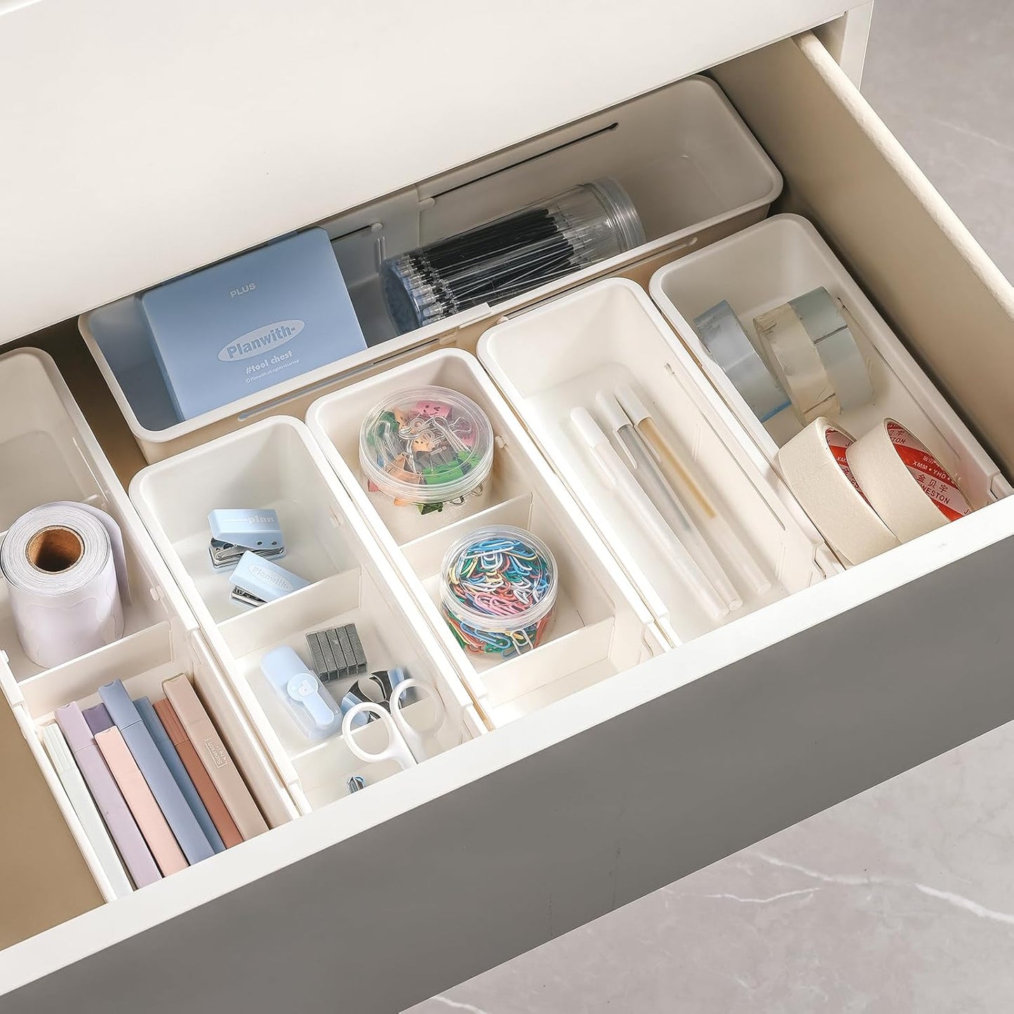 Drawer Organizers, Expandable Desk Drawer Organizer Plastic Storage Bins, Dresser Organizer for Nursery，Bathroom, Kitchen, Makeup, Office, White, 4 Pack，2L,2M