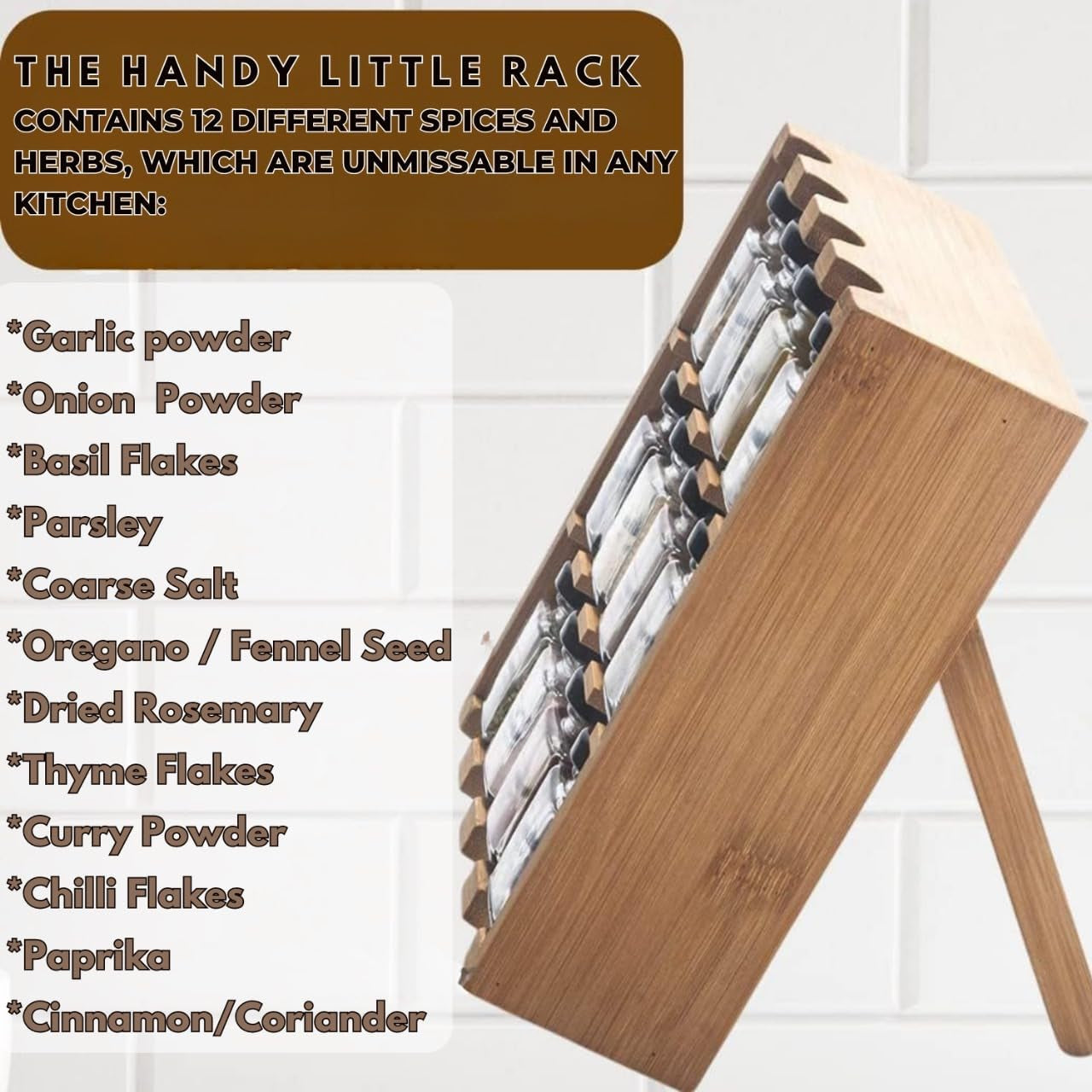 Wooden 3-Tier Spice Rack, 12 Filled Glass Jars, 12 Organic Spices Included, Brown