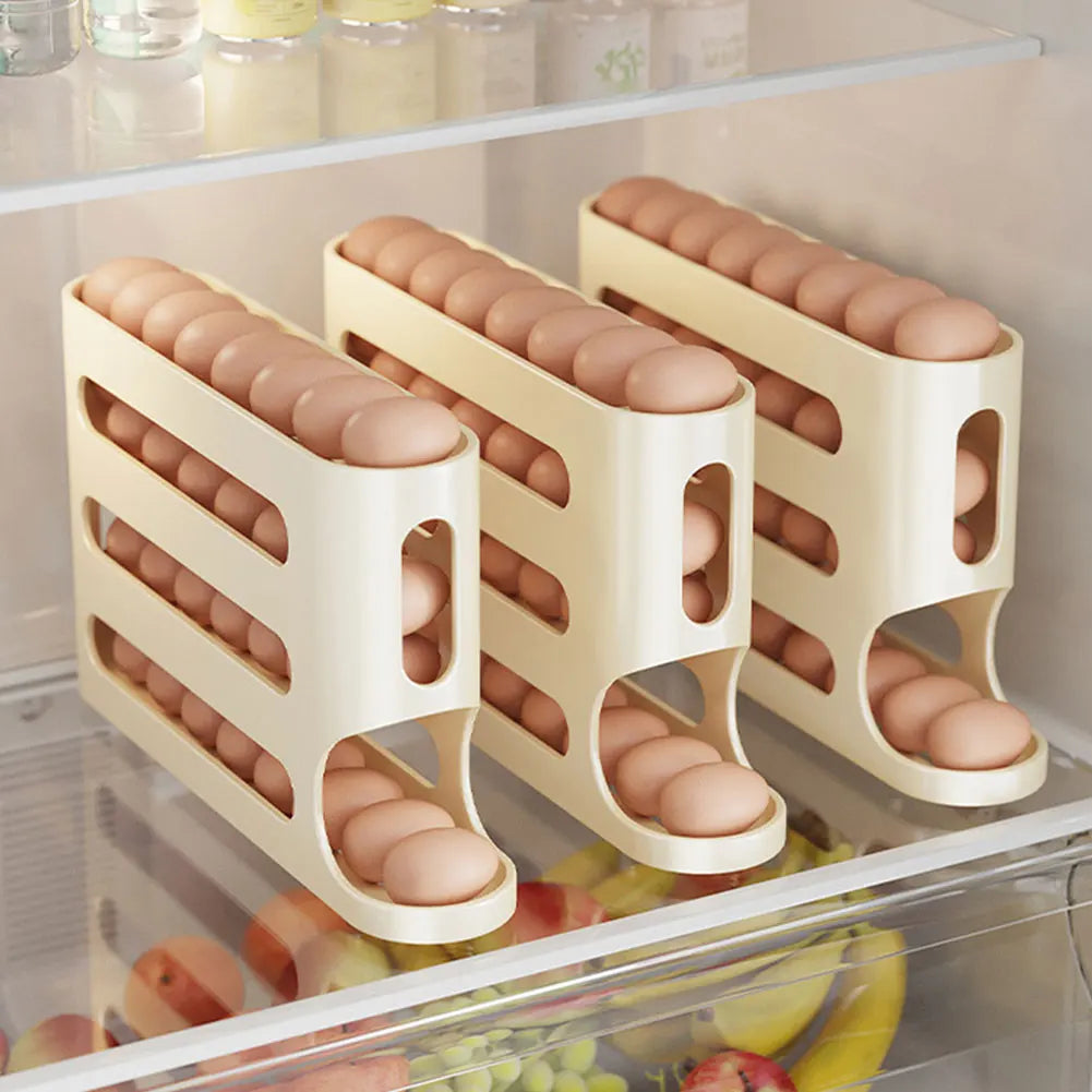 4 Layers Refrigerator Egg Dispenser Large Capacity Stackable Egg Organizer Automatic Scrolling Egg Rack for Refrigerator Storage