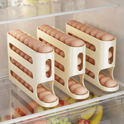 4 Layers Refrigerator Egg Dispenser Large Capacity Stackable Egg Organizer Automatic Scrolling Egg Rack for Refrigerator Storage