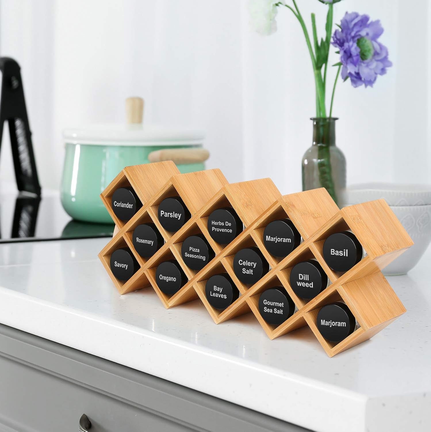 Bamboo Spice Rack Organizer 4-Tier Countertop Organiser, Criss-Cross Kitchen Cabinet Free-Standing Countertop Storage Shelf Fit for Spice Jar, Can, Bottle (Jars Not Include)