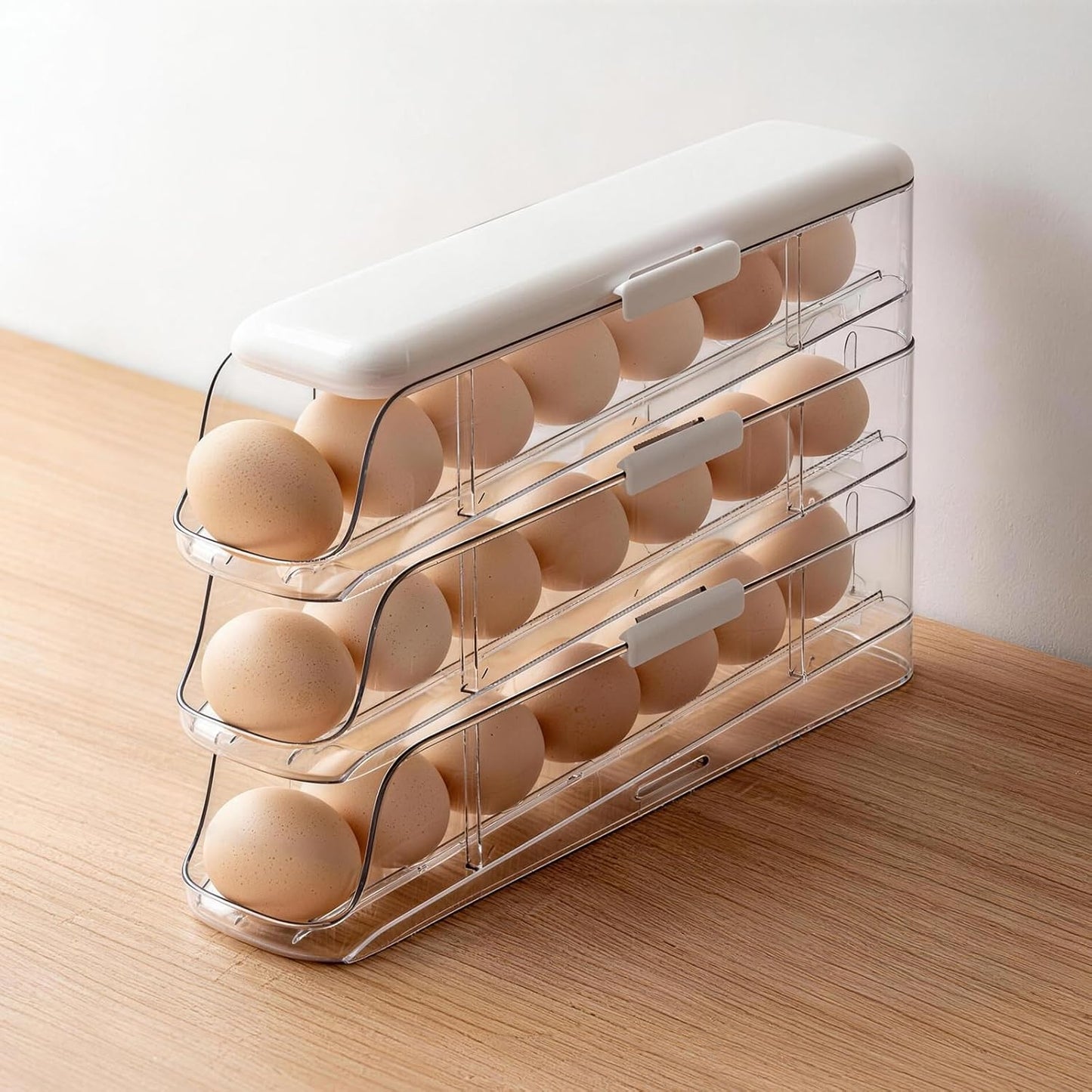 3-Tier Auto Rolling Egg Holder with Lid for Fridge, Stackable Clear Egg Dispenser, Large Capacity Refrigerator Storage Organizer
