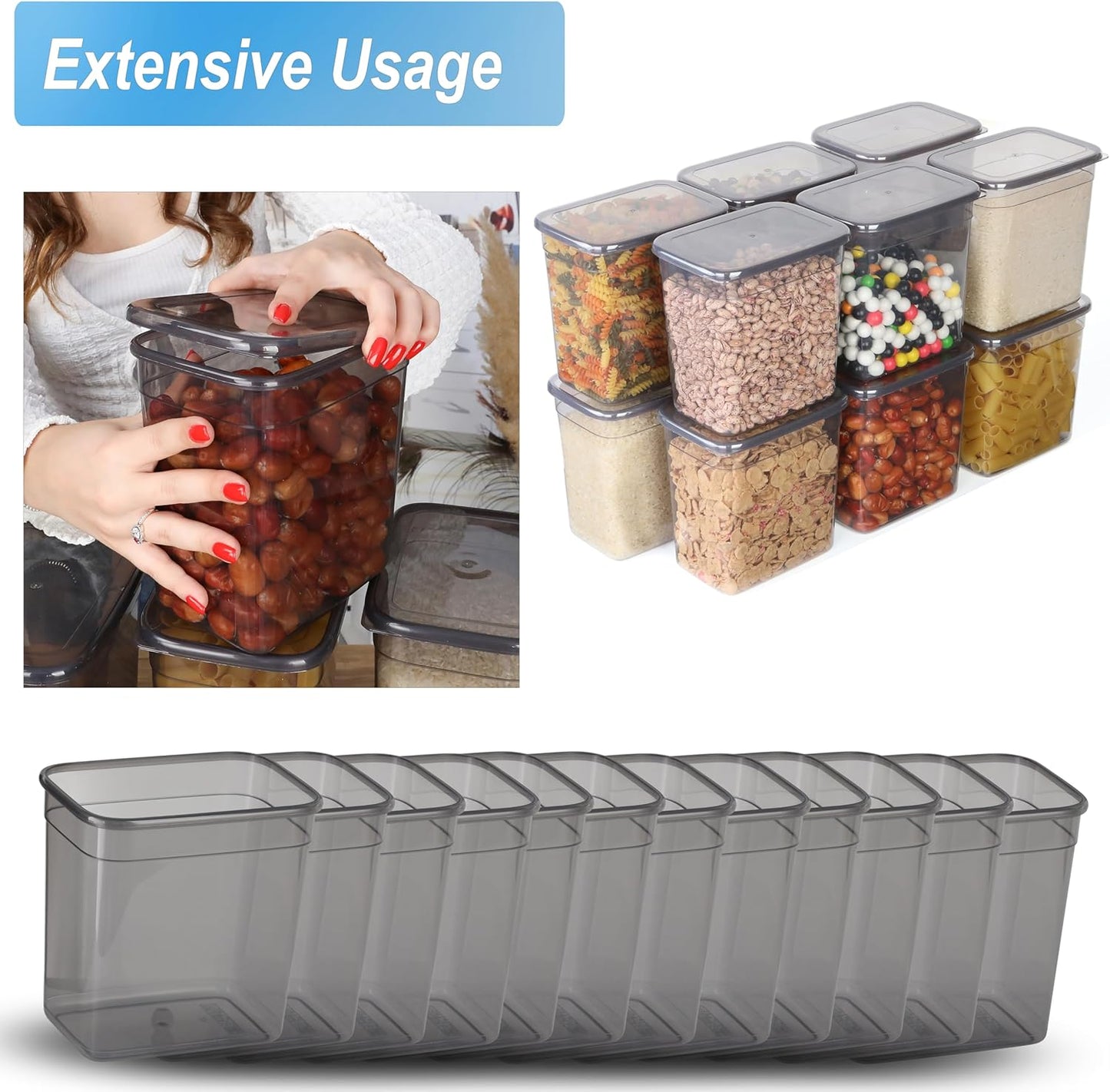 Storage Jars with Lid, Airtight, Set of 12 Storage Containers, Bpa-Free, Storage Container for Cereal, Flour, Kitchen, Practical Organiser Kitchen, (12, Rectangular)