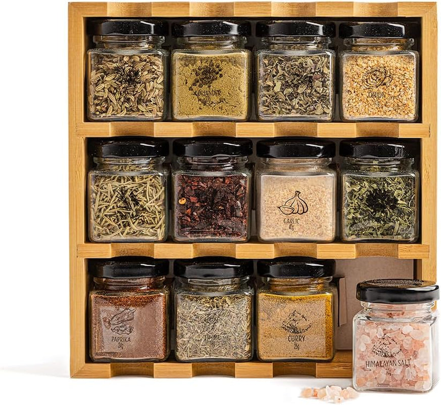 Wooden 3-Tier Spice Rack, 12 Filled Glass Jars, 12 Organic Spices Included, Brown