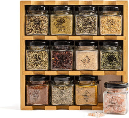 Wooden 3-Tier Spice Rack, 12 Filled Glass Jars, 12 Organic Spices Included, Brown