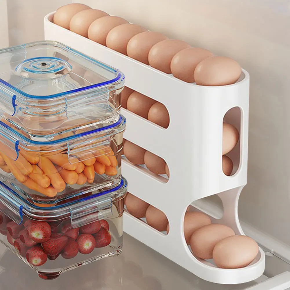 4 Layers Refrigerator Egg Dispenser Large Capacity Stackable Egg Organizer Automatic Scrolling Egg Rack for Refrigerator Storage