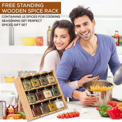 Wooden 3-Tier Spice Rack, 12 Filled Glass Jars, 12 Organic Spices Included, Brown